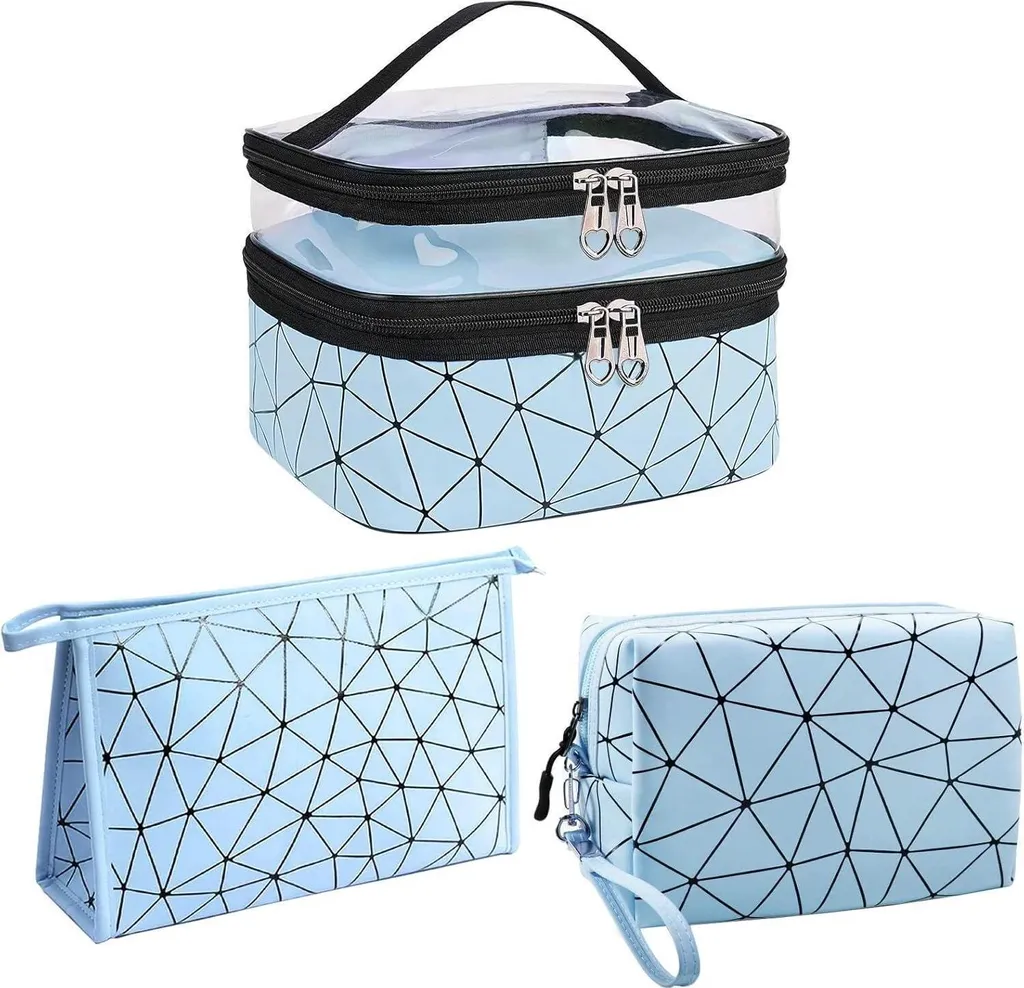 Set 3 Pochette Cosmetici Blu Diamante | Organizer Trasparente PVC PU