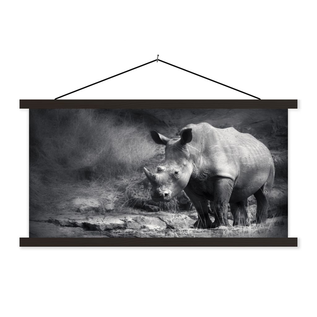 MuchoWow Textilposter Rhinozeros - Natur - Gras - Schwarz - Weiß 120x60 cm mit schwarzem Rahmen - Dekoration Schlafzimmer