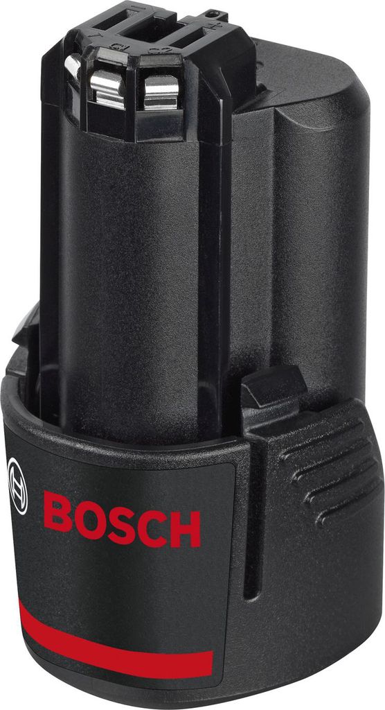 A black Bosch battery pack with red accents and branding.