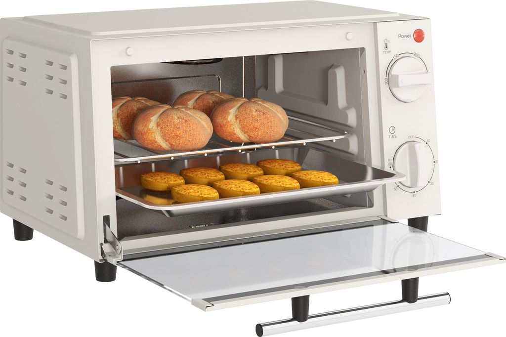 Minibackofen, 9 L Mini-Ofen mit Backblech, Grillrost, mit einstellbarer Temperatur und Garzeit, Edelstahl, Cremeweiß