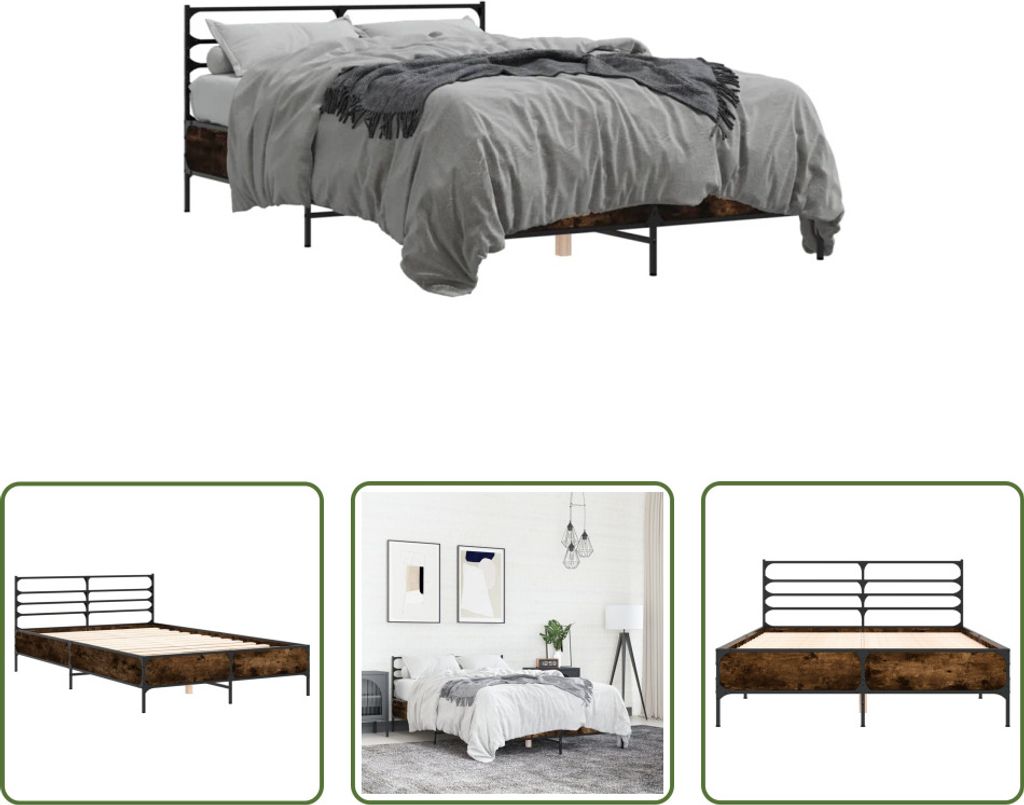 The Living Store Bettgestell Räuchereiche 120x190 cm Holzwerkstoff und Metall