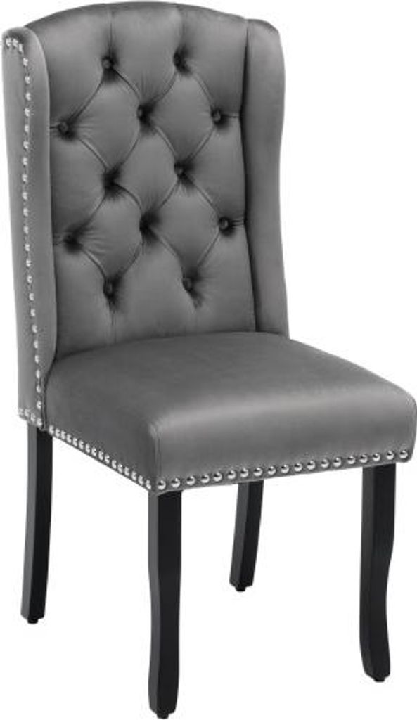 Samt Esszimmerstuhl 2er Set 61x45x100 cm Grau Mit Eichenbeinen Knopf Chromklopfer Nagelkopf Schlafzimmerstuhl Kuche Wohnzimmer Lounge