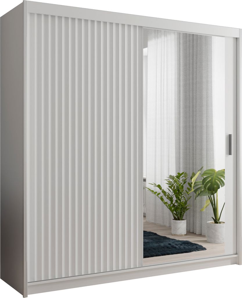 Kleiderschrank CHICAGO WAVE 203 cm mit Spiegiel Schrank Geriffelte Fronten Schwebetürenschrank 2-türig Kleiderstange Weiß