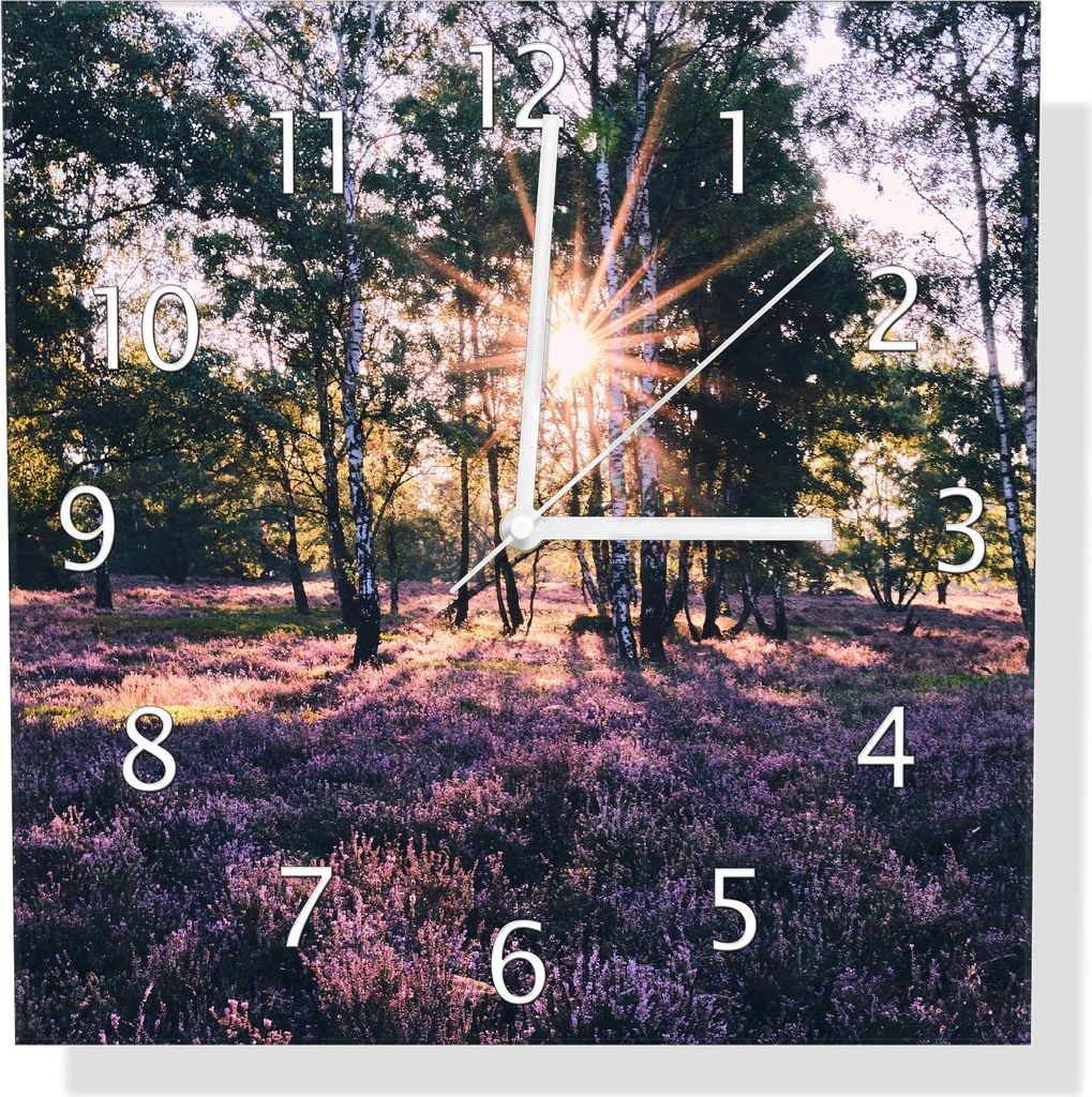 Wallario Design Wanduhr Heide im Morgenlicht aus Echtglas, Größe 30 x 30 cm
