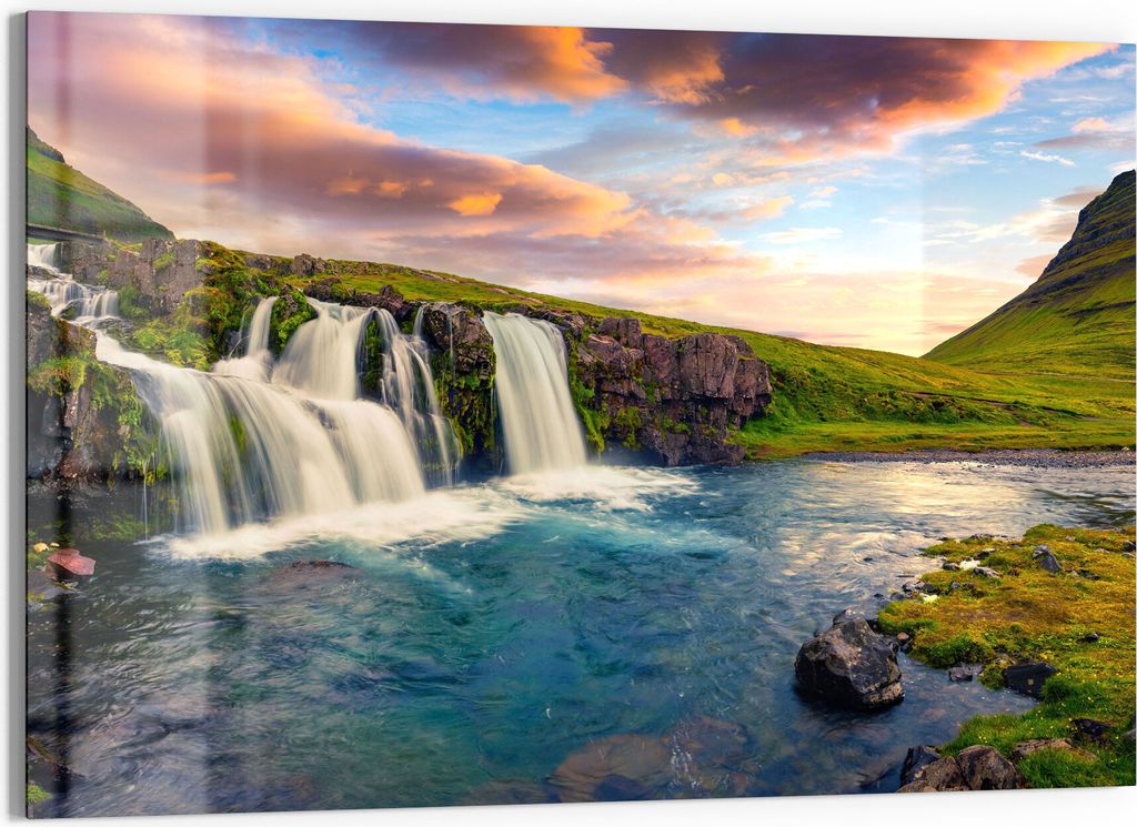 DEQORI Glasbild Echtglas 90x60 cm 'Kirchberg Wasserfall' Wandbild Bild modern Deko
