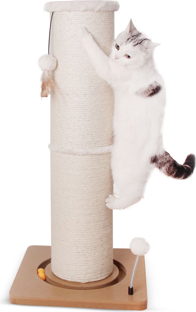 A cat is climbing on a scratching post.