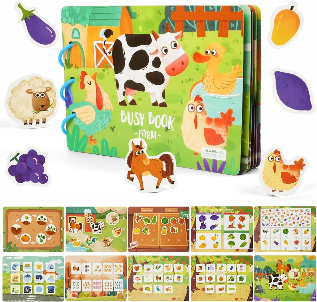 Quiet Book mit Bauernhof Thema, Montessori Busy Book, Busy Board aus Weichem Filzbuch, Activity Board Motorikspielzeug für Frühe Bildung, Sensorik