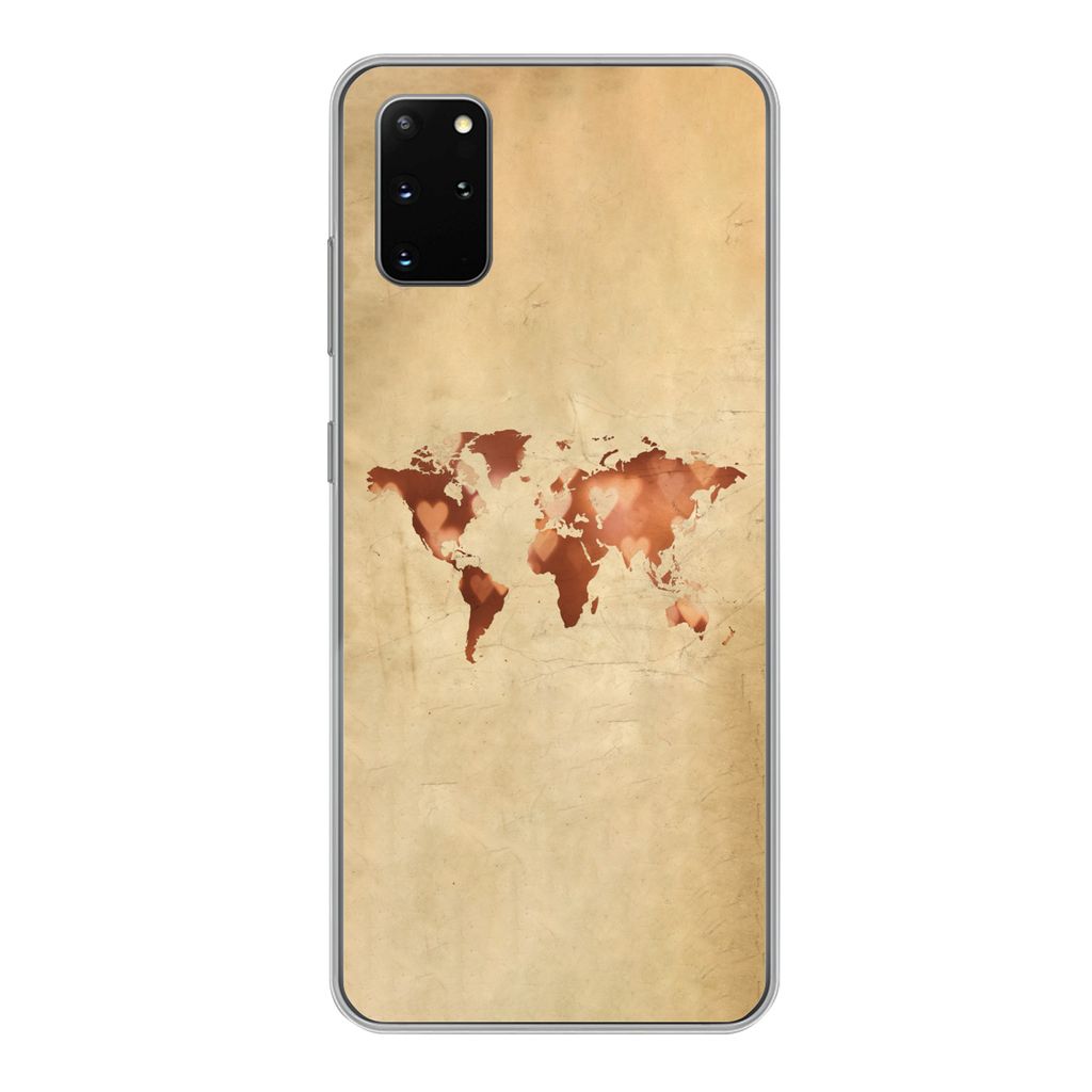 MuchoWow Handyhülle Schutzhülle Hülle für Samsung Galaxy S20 Plus Weltkarte - Herz - Braun Silikon Softcase Handy Hülle - Hartschale