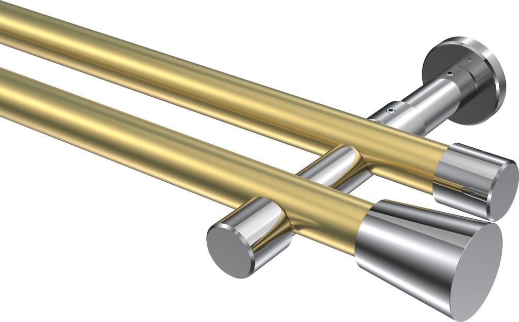 Interdeco Gardinenstange / Vorhangstange Messing-Optik / Chrom, Typ Prestige Sitra (Konus) ohne Ringe, 20 mm Ø 2-läufig, 200 cm