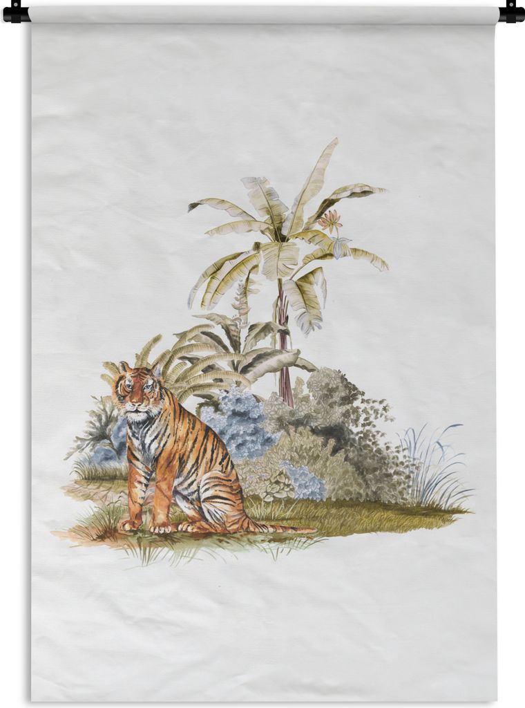 MuchoWow Wandteppich Wandbehang Tiger - Pflanzen - Weiß 60x90 cm Tapisserie Dekoration Wandtuch - Foto-Teppich - Abwaschbar