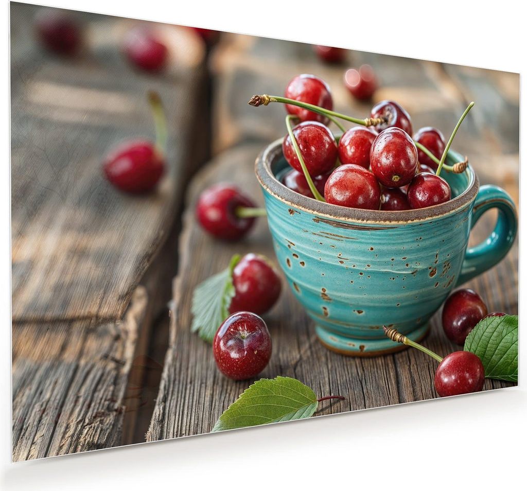 Glasbild 75x50cm in XXL für Wohnzimmer, Schlafzimmer Motiv Tasse mit Kirschen