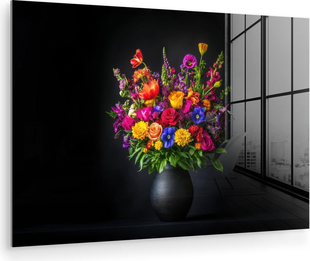 MuchoWow Glasbilder - Bilder auf Wandbild - Foto auf Glas Leuchtend bunt - Blumen - Vase 90x60 cm Wanddekoration aus Glas - Acrylglasbild - Acrylbi...