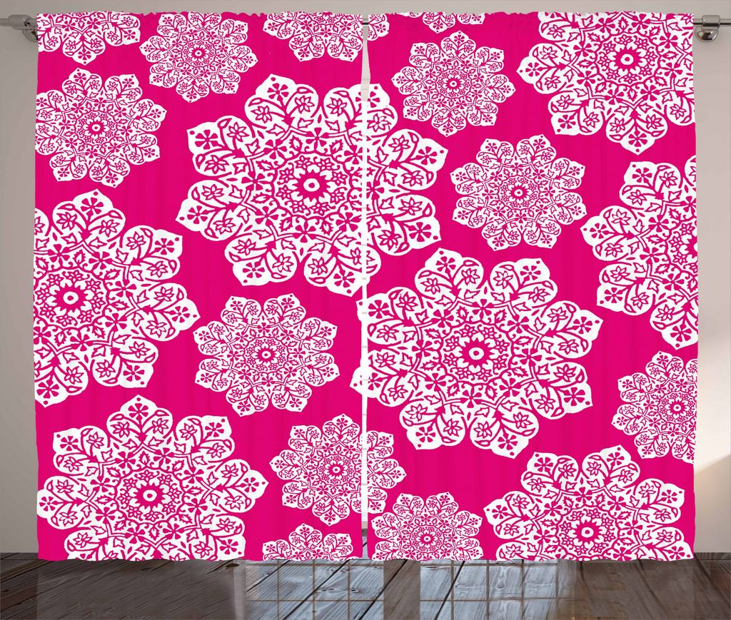 ABAKUHAUS Hot Pink Rustikaler Gardine, Weiße Blumen Mandala, Wohnzimmer Universalband Gardinen mit Schlaufen und Haken, 280 x 225 cm, Pink Weiß