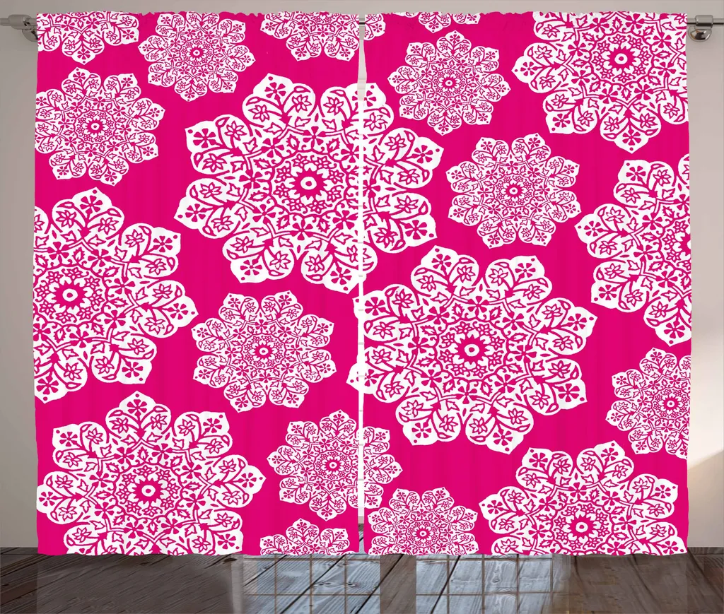 Rideau Rustique Rose Vif à Fleurs Blanches, Tissu Universel 280x225 cm
