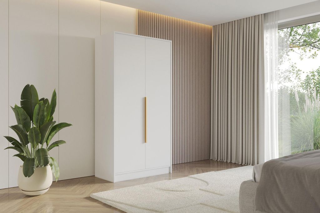 ALTDECOR Kleiderschrank PERE - 100x200x51 Weiß Schrank Garderobenschrank Mehrzweckschrank mit modernen glatte Fronten und goldenen Griffen