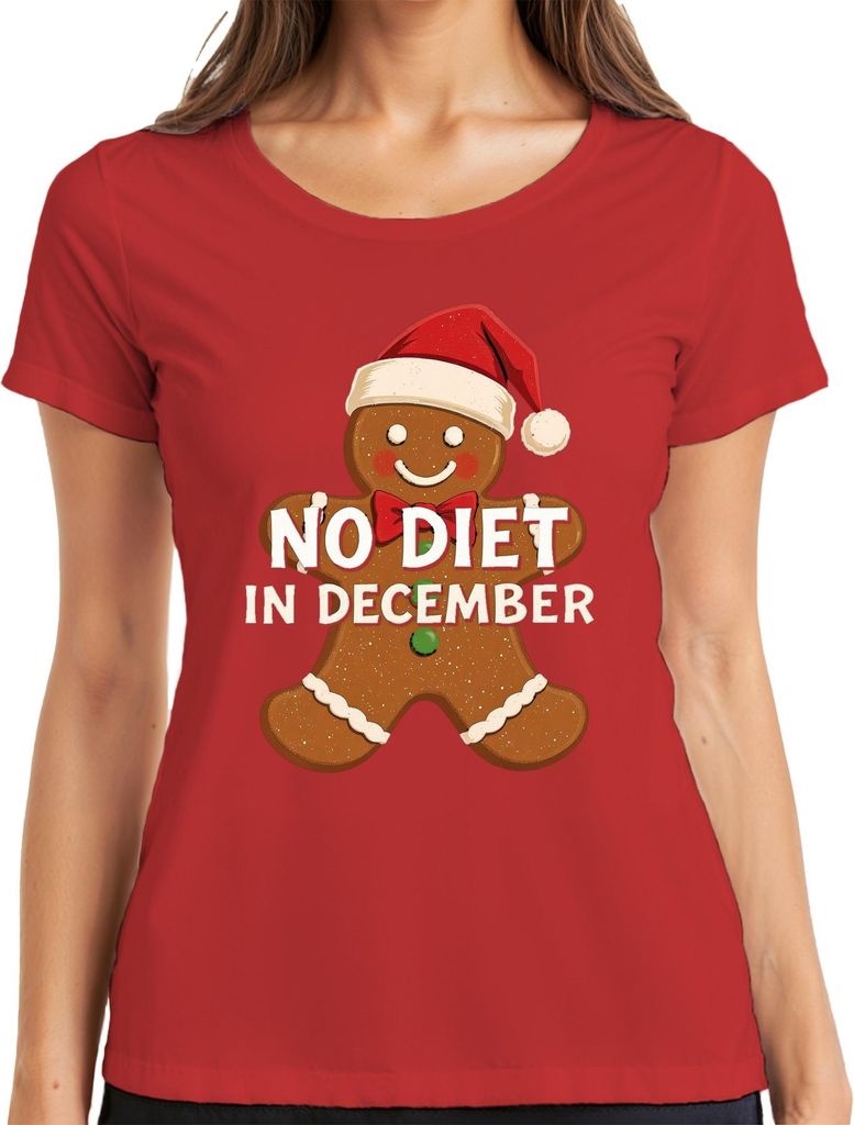 No Diet In December Lebkuchenmann Weihnachten lustig Geschenk Damen T-Shirt, Rot, XXL