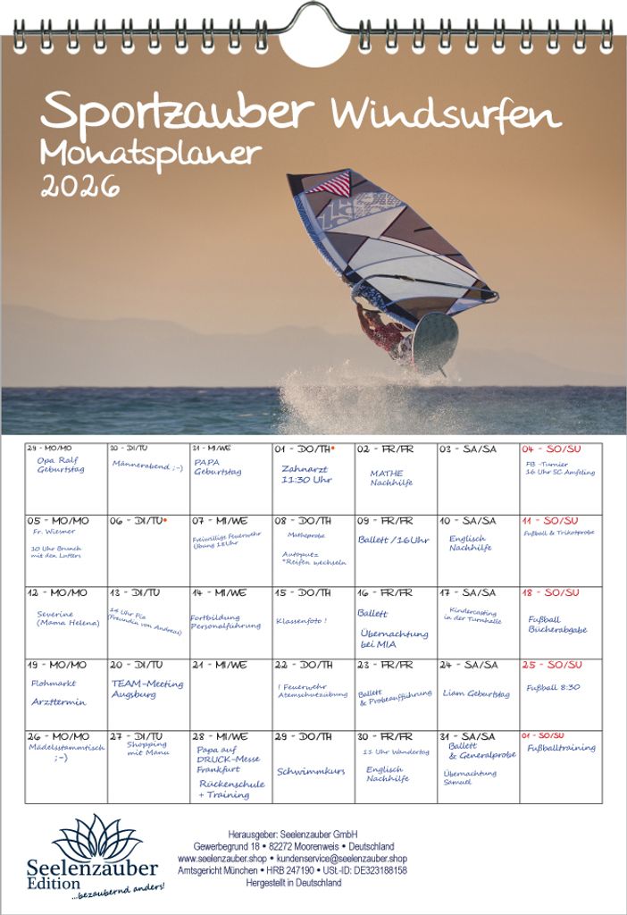 Sportzauber Windsurfen Planer DIN A4 Kalender für 2026 Brettsegeln Segelsurfen Stehsegeln - Seelenzauber