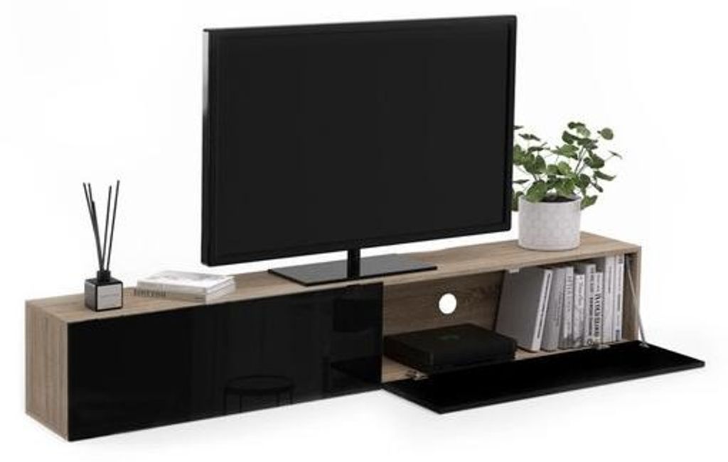 Geschlossenes TV-Ständer 180 cm – Wand TV-Kast mit 2 Türen – Holz Schwarz Design – Moderner TV-Ständer – Geeignet für 70 Zoll TV – 18...