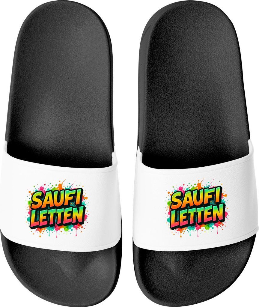 Badeschlappen Lustig Badelatschen mit Spruch SAUFI LETTEN – Party, Urlaub Malle Festival JGA Gadget – Hausschuhe Herren Uni Moonworks