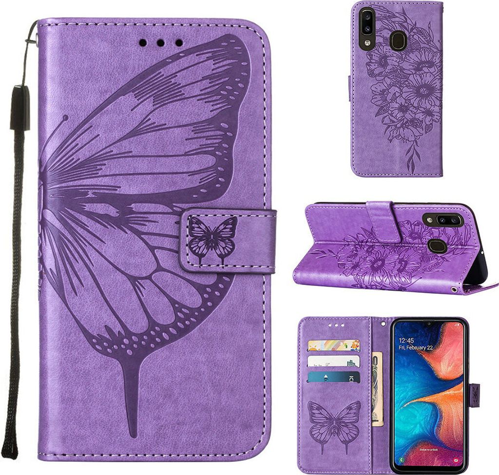 Galaxy A20 Hülle, Schmetterling Prägung Flip Leder Kartenfächer Schutzhülle Ledertasche mit Ständer für Samsung Galaxy A20 / A30 Violett