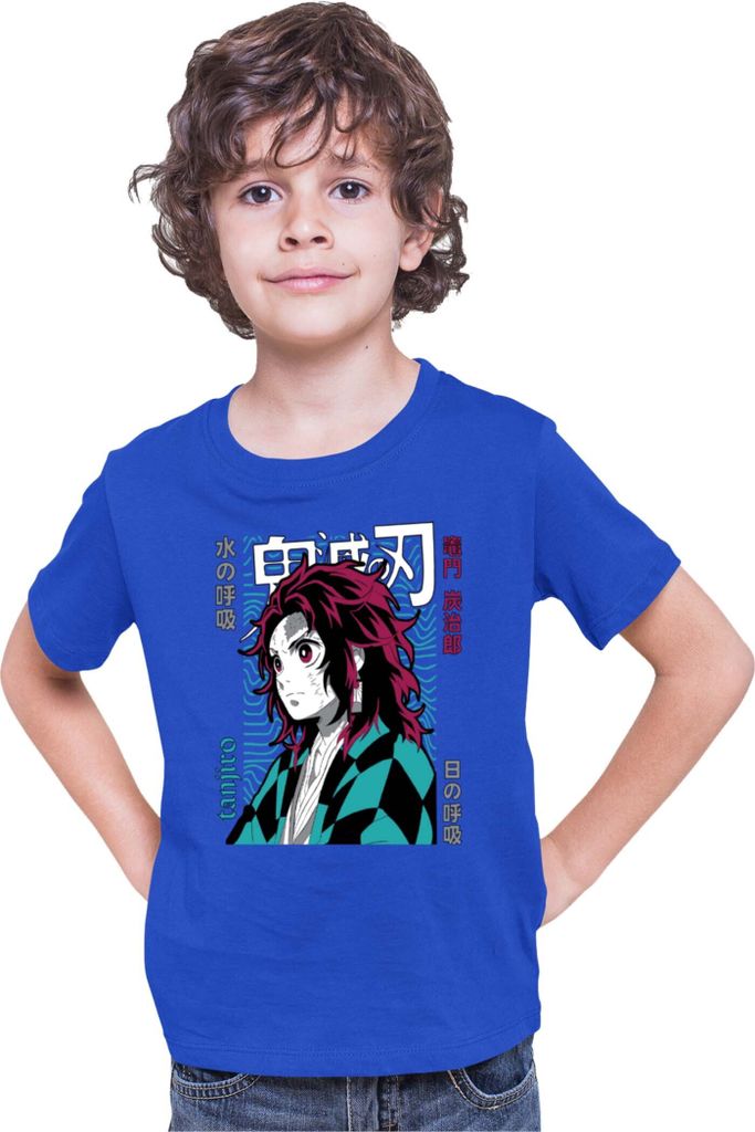 Kinder T-Shirt Demon Anime Slayer Kimetsu No Yaiba Tanjiro Kamado 008, 3-4 Jahr - 104 / Blau