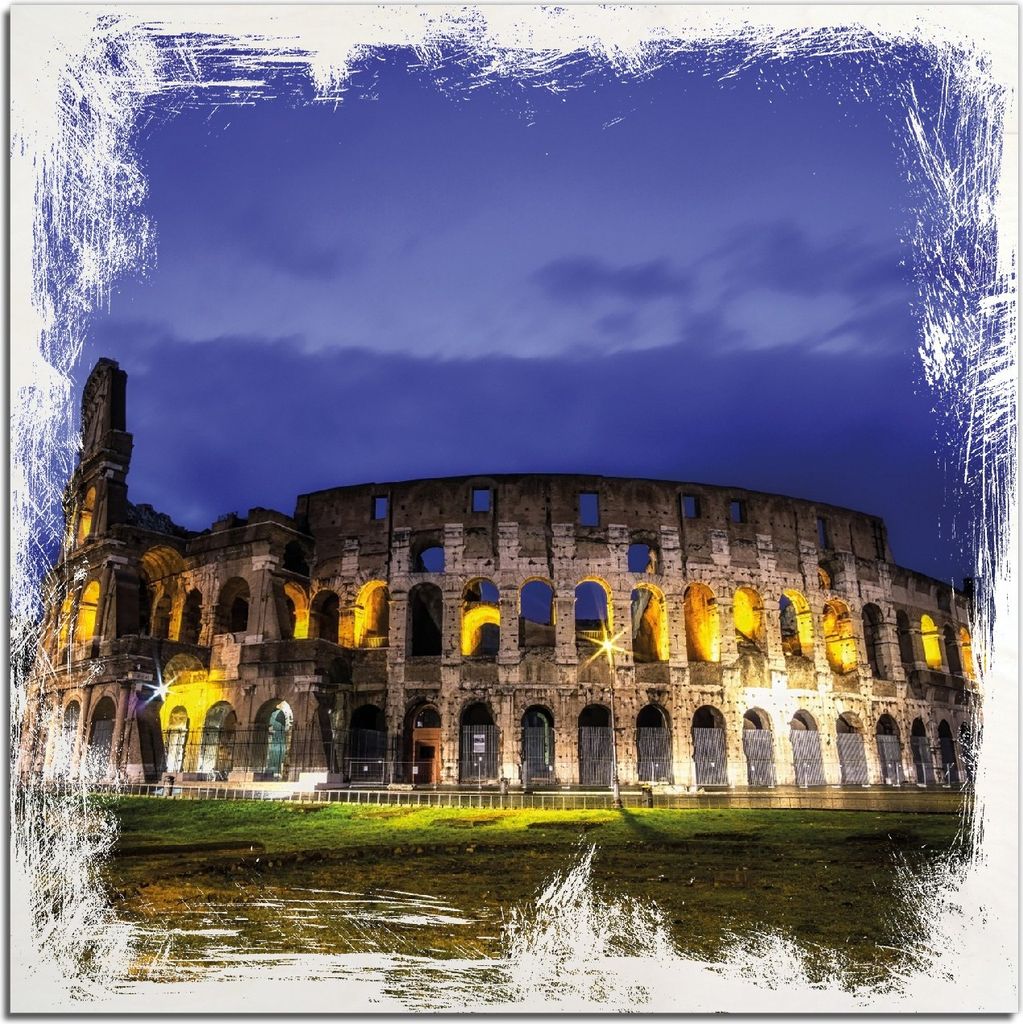 Kunstdrucke Wandbilder Holz in : Brillante Farben, Größe 50 x 50 cm Motiv Italien bei Nacht - Kollosseum in Rom, beleuchtet am Abend