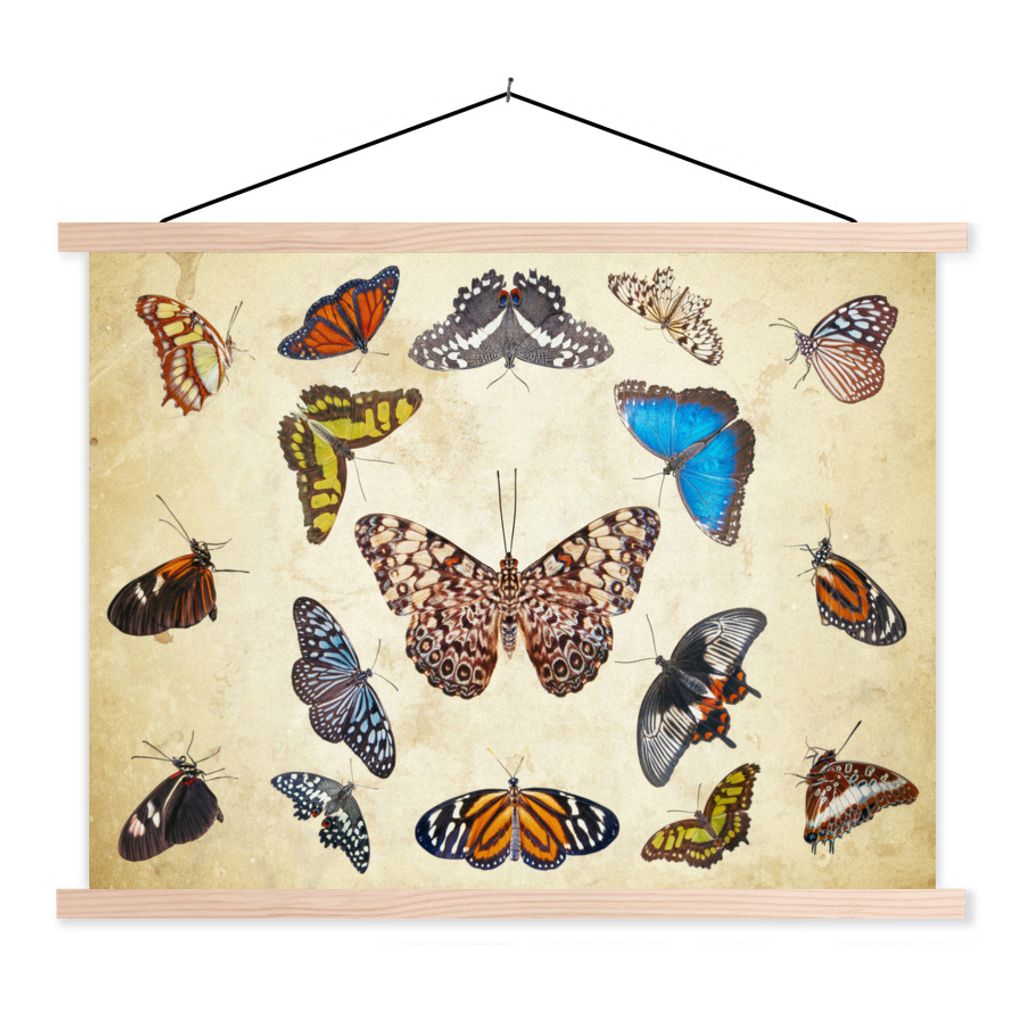 MuchoWow Textilposter Botanischer Druck Schmetterlinge 120x90 cm mit holzfarbenen Rahmen - Magnetisch