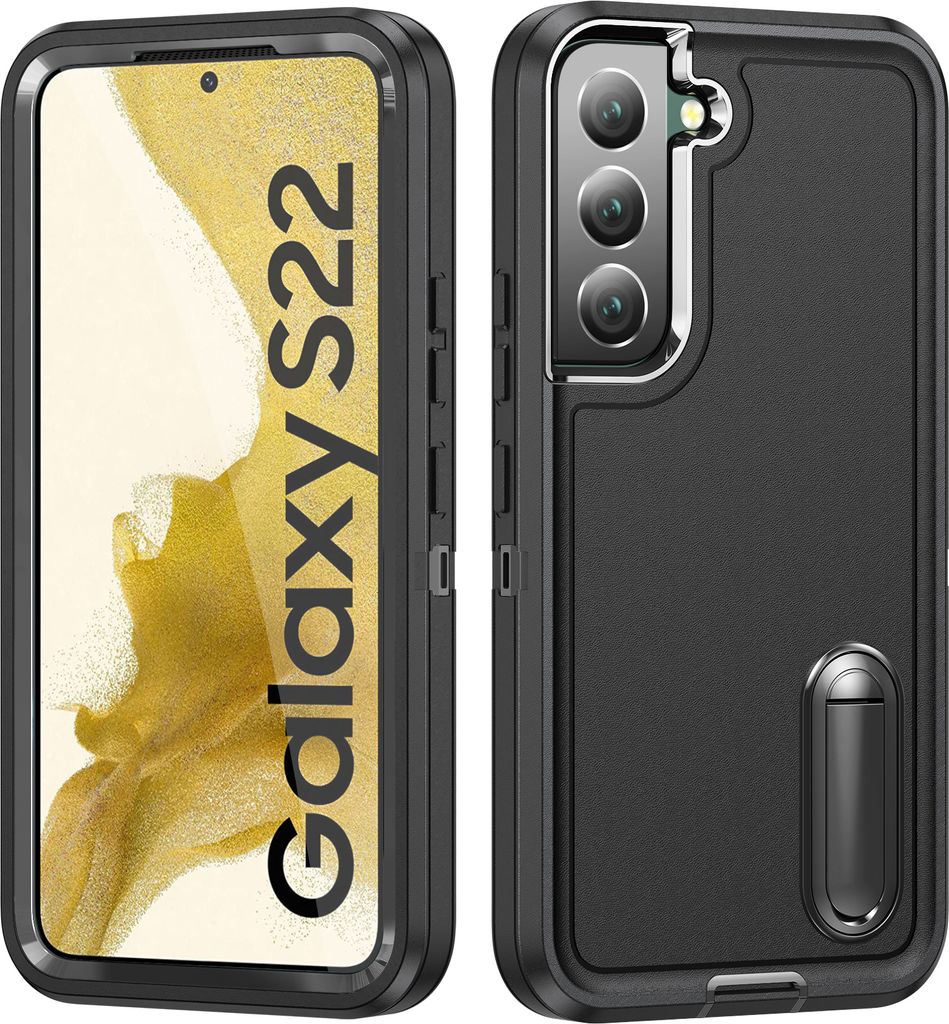 Hülle für Samsung Galaxy S22 5G Hybrid Dreilagige Robust Stoßfest Schwerlast Schutzhülle mit Ständer Schwarz