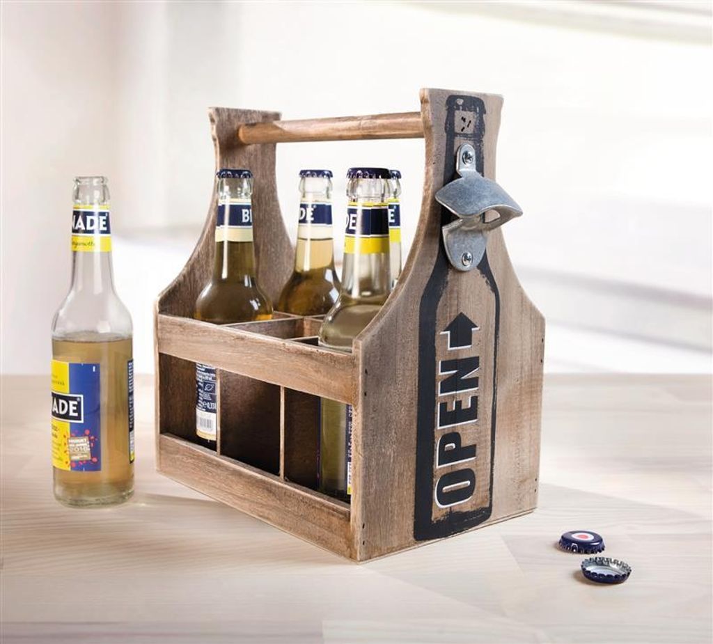 Flaschenträger aus Holz für 6 Bierflaschen, mit Öffner im Shabby Look, Männerhandtasche, Bierträger