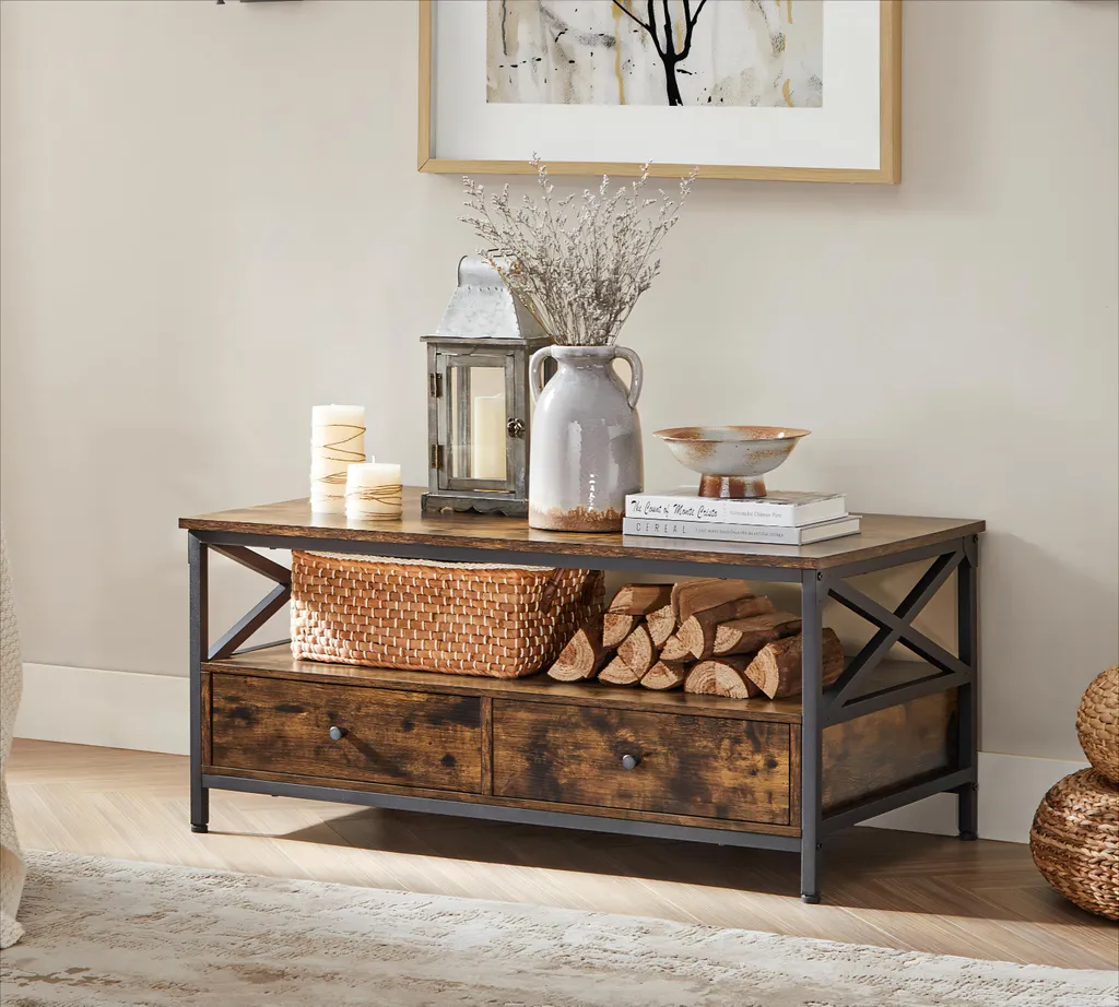 VASAGLE Table Basse Industrielle en X Brun Vintage et Noir 100cm