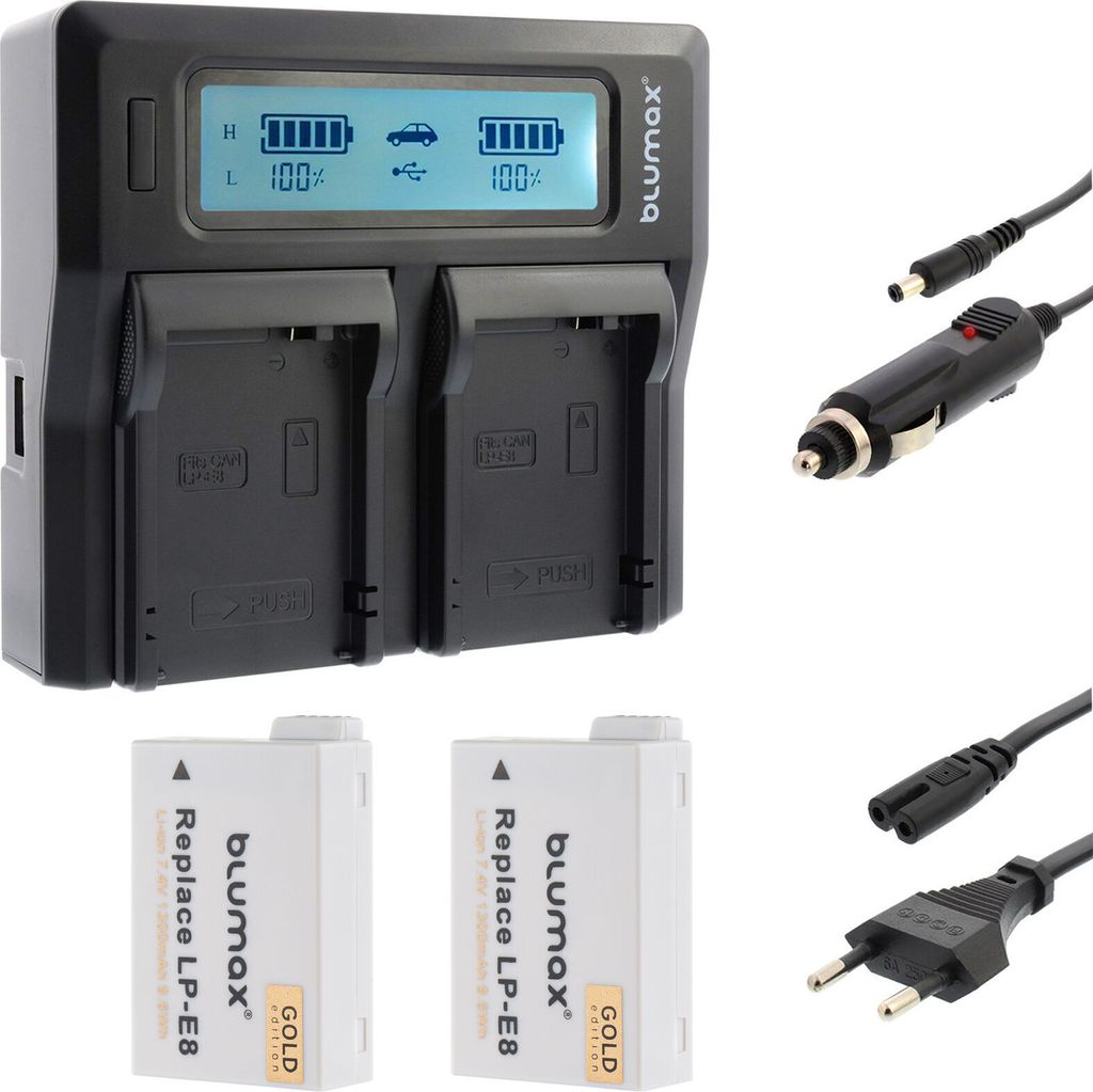 2x Akku + Lader für Canon EOS 550D, 600D, 650D, 700D - LP-E8 1260 mAh (7,2V)