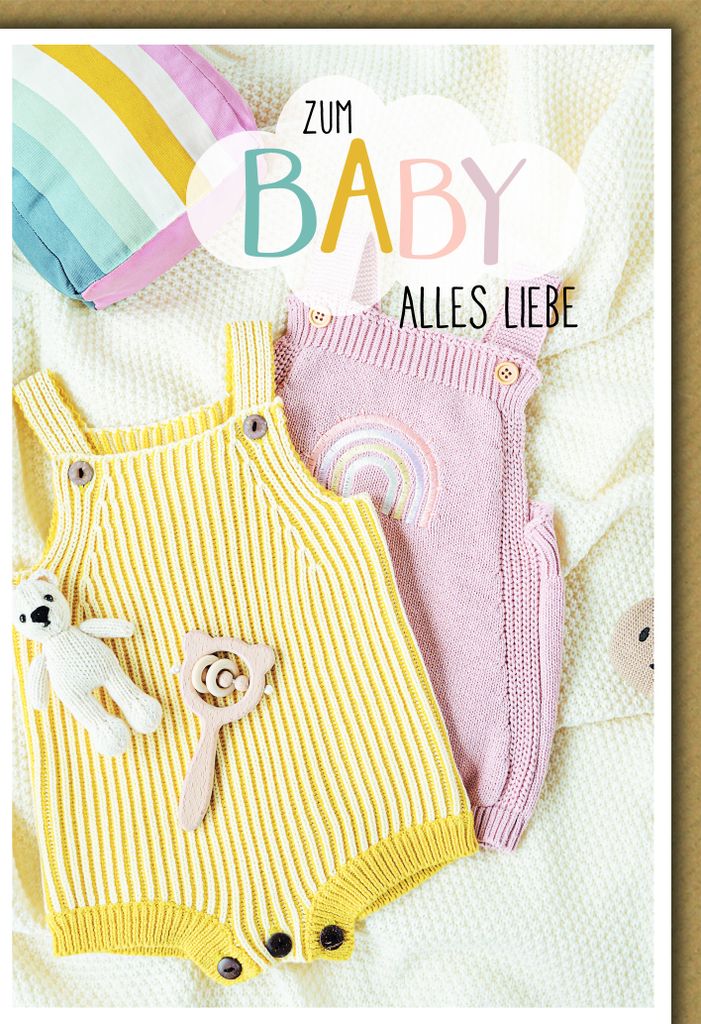 Baby Strampler gelb und rosa Geburt alles Liebe Glückwunschkarte mit Umschlag