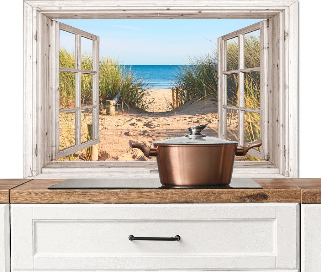 KitchenYeah Spritzschutz Küche - Küchenrückwand - Wandschutz für Herd und Spüle - Durchblick - Strand - Meer - Dünen - Sand - Wasser - Hoch...