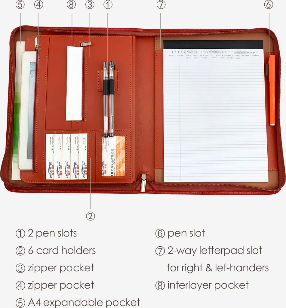 Porte-documents A4 en cuir PU marron à fermeture éclair avec range CV - 4