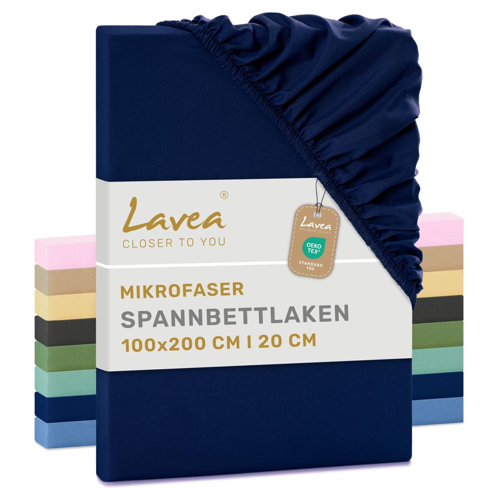 Lavea Spannbettlaken 100x200 cm, Mikrofaser Spannbetttuch mit Rundumgummi, für Matratzen bis 35 cm, atmungsaktiv & kühlend, 1 Stück, Navyblau