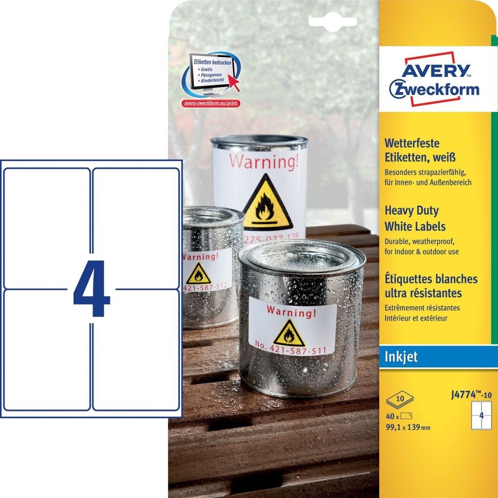 Wetterfeste Folien-Etiketten 139,2x99,1 mm wetterfest 10 Blatt/40 Etiketten weiß Packung mit 5 Stück