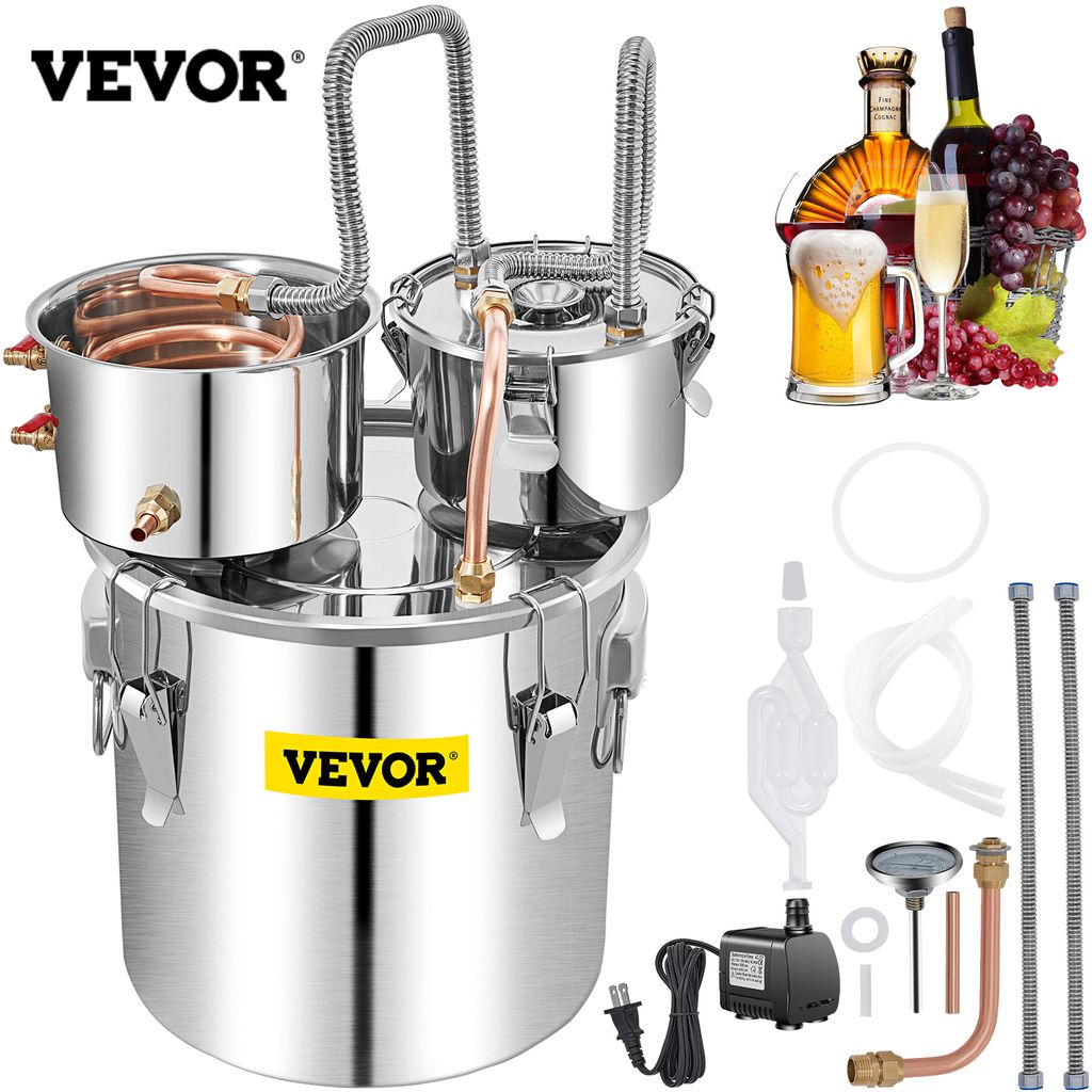 A collage of a VEVOR distillation apparatus, along with bottles of alcohol, grapes, and various accessories.