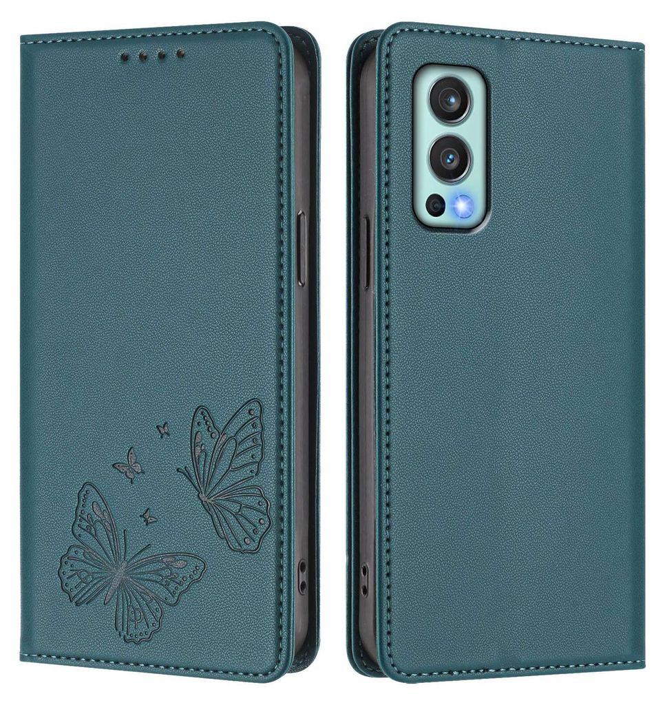 Lederhülle für OnePlus Nord 2 5G, Schmetterling Prägung Leder Brieftasche Schutzhülle mit Ständer Grün