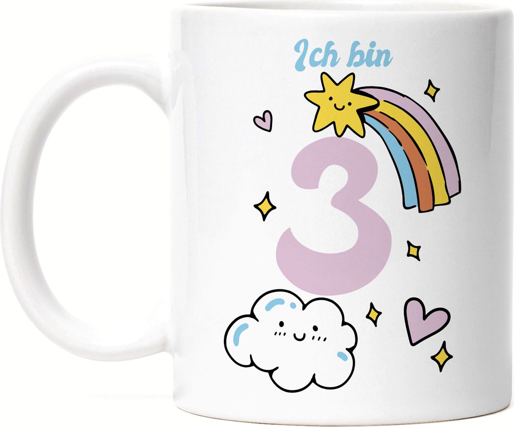 3 Jahre alt, Kindergeburtstag Tasse weiß süße Motive Kinder Milchkanne Happy Birthday Alles Liebe zum Geburtstag