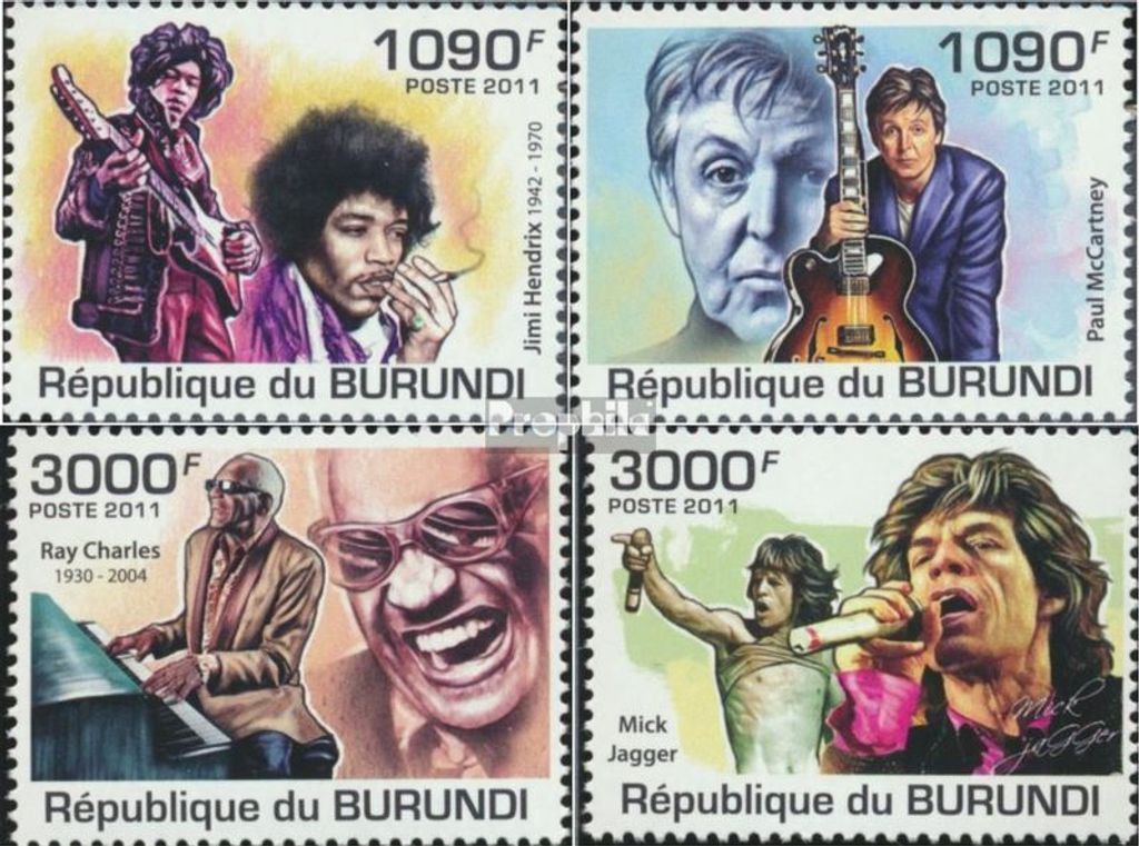 Briefmarken Burundi 2011 Mi 2258-2261 (kompl. Ausgabe) postfrisch Jimi Henrix, Mick Jagger