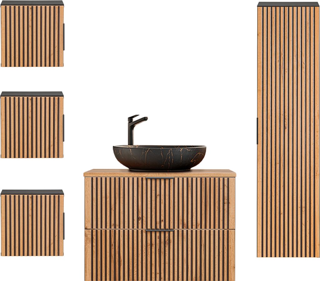 Waschtisch und Hängesäule 80.6cm Gaia mit 2 Schubladen, Eichenoptik und Schwarz