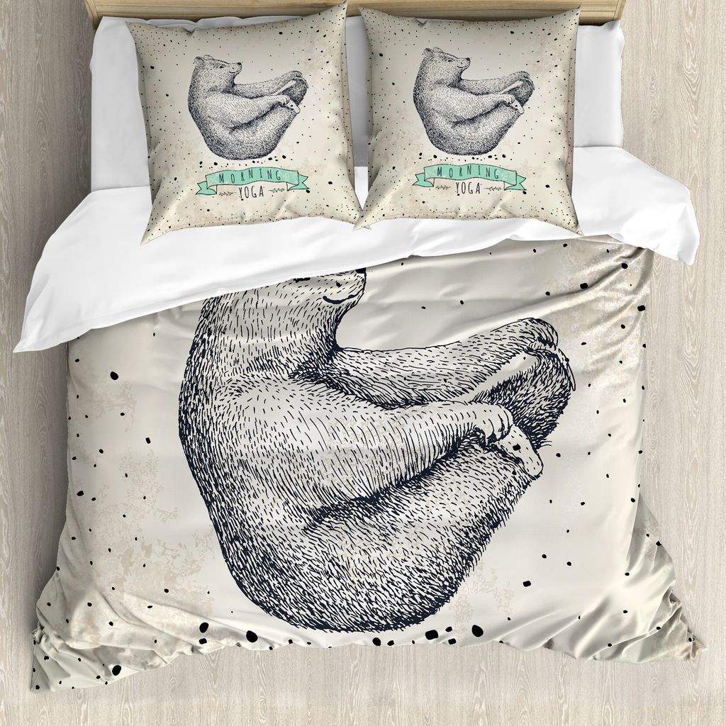 ABAKUHAUS Yoga Bettbezug, Meditieren Bär Ruhe Leben, Milbensicher Allergiker geeignet mit Kissenbezügen, 155 cm x 220 cm - 80 x 80 cm, Creme-Schw...