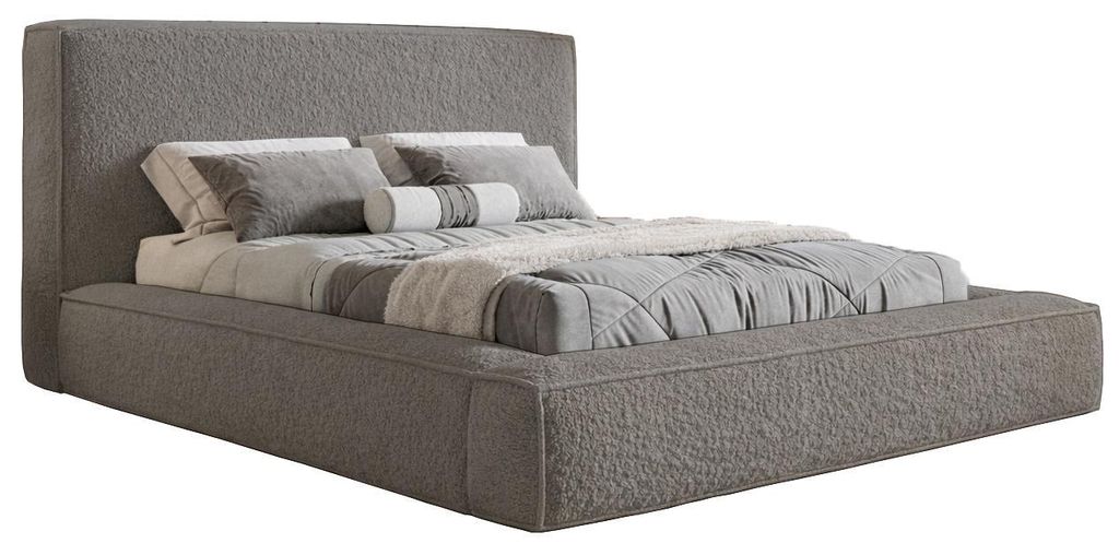Doppelbett 160 x 200 Karano Bouclé mit Dicker Schaum - Polsterbett 160x200 cm, Bettkasten, Metall-Lattenrost - Bouclé Grau