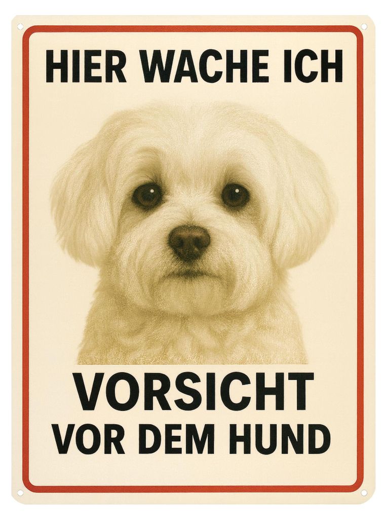 Blechschild 20x30cm Hier wache ich Vorsicht vor dem Hund Malteser Metallschild Hundeschild Haustürschild Grundstück AstraDesign