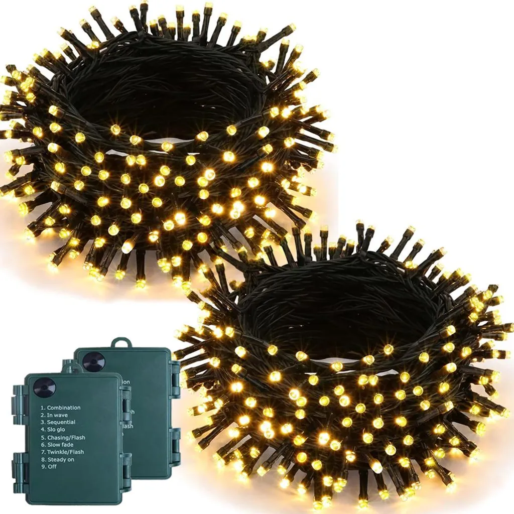 2Pcs Luci Natale Batteria 20M 200 LED Bianco Caldo con Timer e 8 Modi