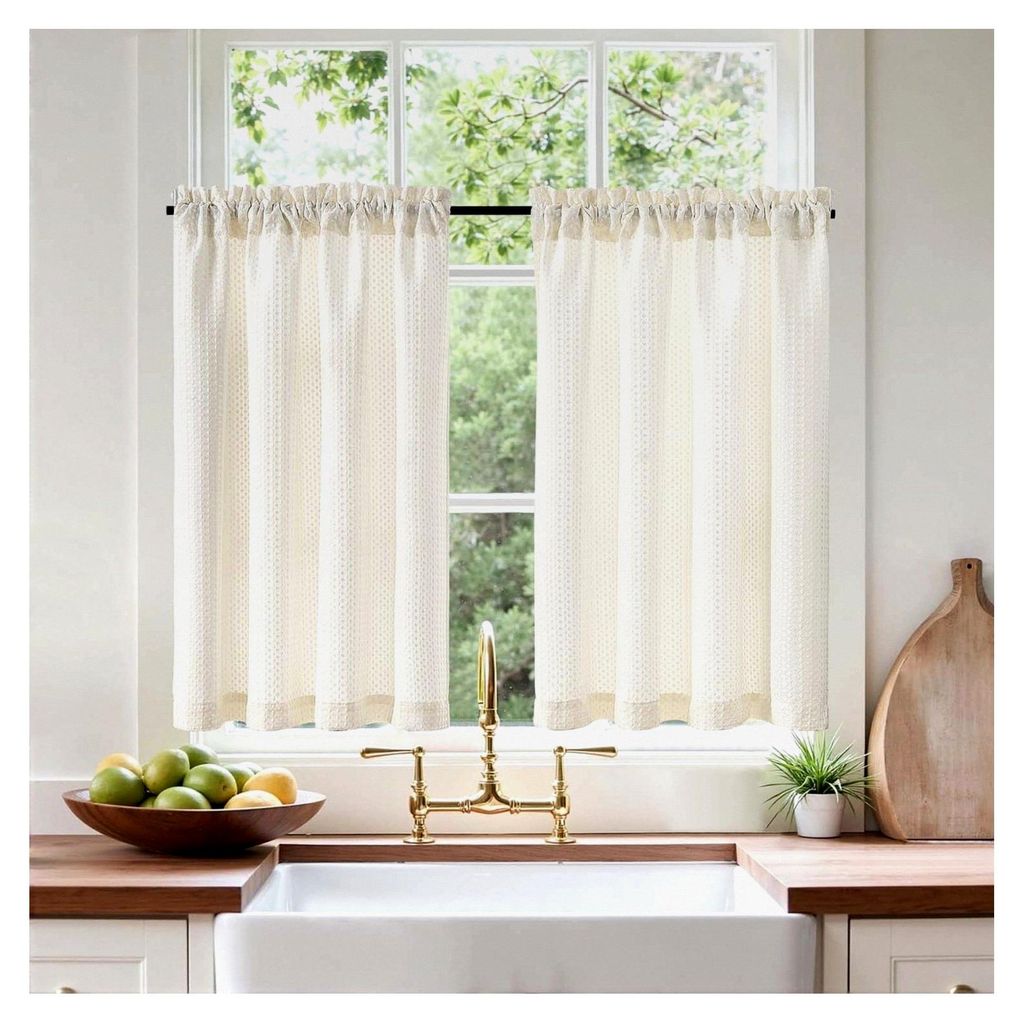 Moderne Waffel-Scheibengardinen für die Küche in Beige, 2er Set, 90Bx90Hcm, einfarbig, Landhausstil, kurze Gardinen mit Stangendurchzug, lichtfil...
