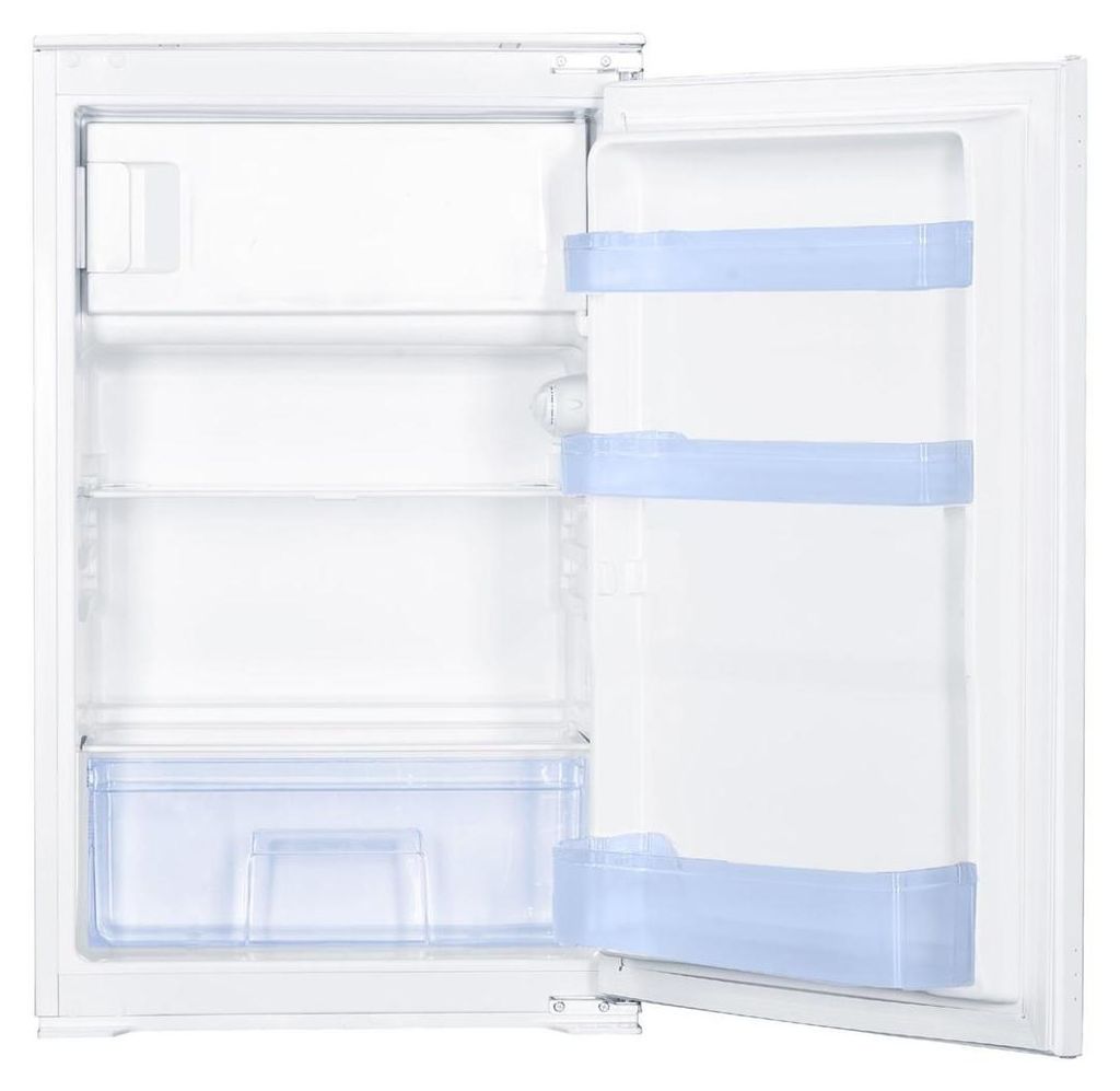An open, empty refrigerator with shelves and door compartments.