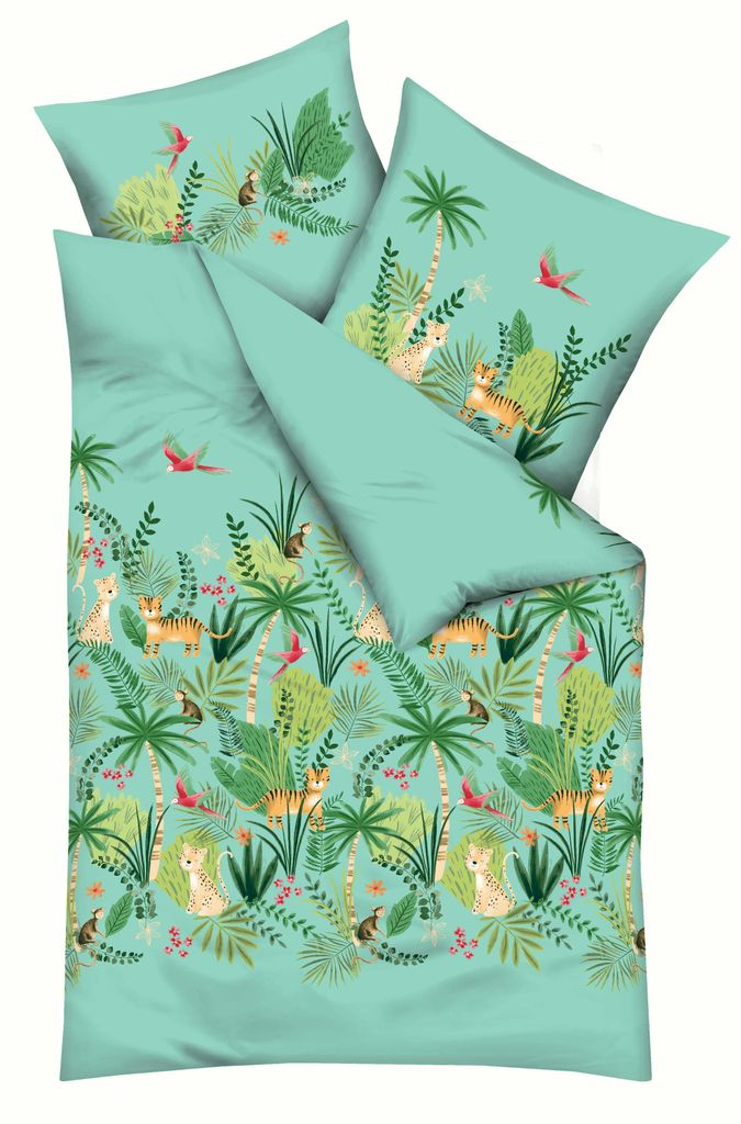 Kaeppel Linon Bettwäsche Tropical Wildlife Kinder 100% Baumwolle Reißverschluss Bettbezug Kissenbezug Bettgarnitur Bettwäsche-Set 135x200 + 80x8...