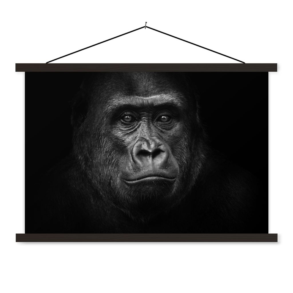 MuchoWow Textilposter Gorilla - Schwarz - Weiß - Tiere - Porträt 150x100 cm mit schwarzem Rahmen - Schlafzimmer