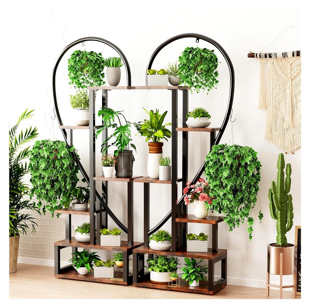 Blumenständer mit 6 Ebenen und 4 Haken, 2 Stück Pflanzenregal in Halbherzform, 165 cm hoch für Indoor, Balkon, Boden und Wohnzimmer